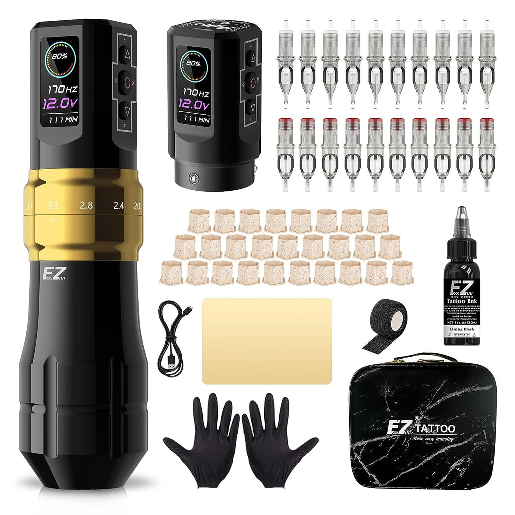 P3 PRO Tattoo Machine Kit Complete with Extra 1600mAh Battery Power and 20Pcs Tattoo Cartridge Needles Assorted