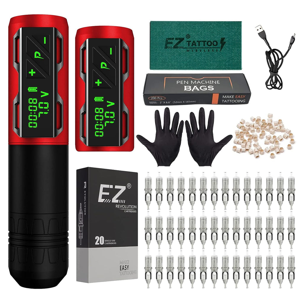 P2S Complete Tattoo Machine Kit with 40Pcs Cartridge Needles Assorted Extra 1800mAh Power Supply for Beginners and Artists(Red)